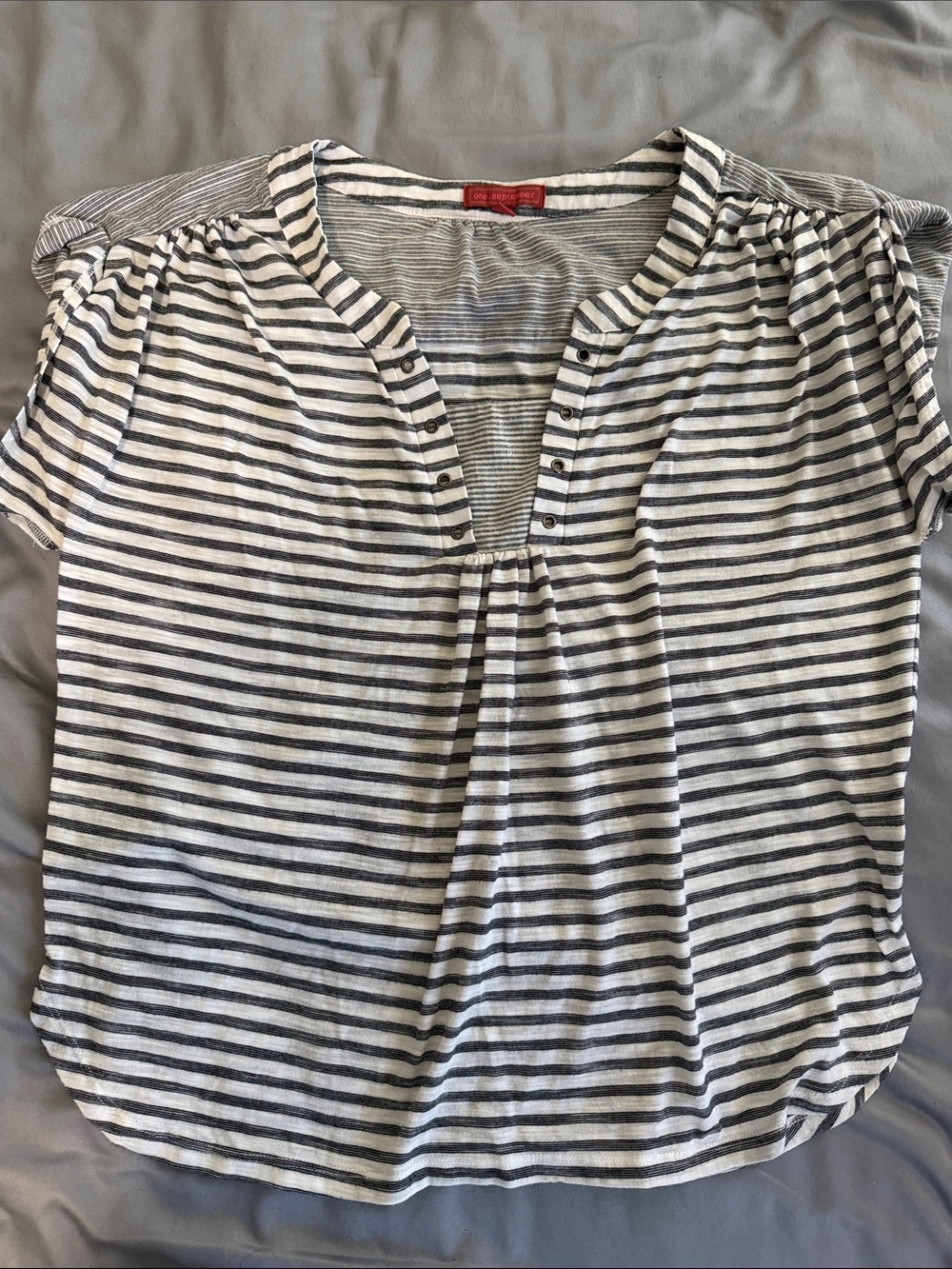 One September Striped cap Sleeve Button Henley Tee - White & dark Navy